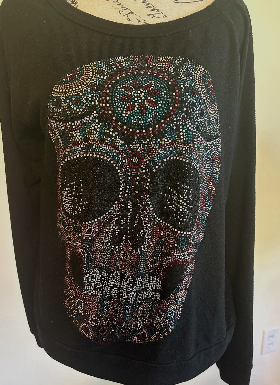 Lauren Moshi and Aqua LS Black Scoop Neck Top w/ Sugar Skull